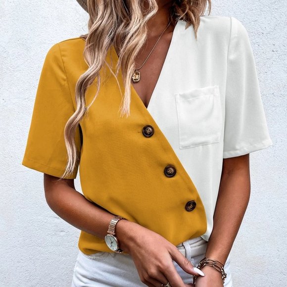 Contemporary Modern Colorblock Button detail Patched Pocket Blouse - Picture 3 of 6